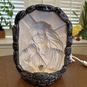 Holographic Ceramic Jesus Bearing Cross Light Gray Glazed Stone Finish